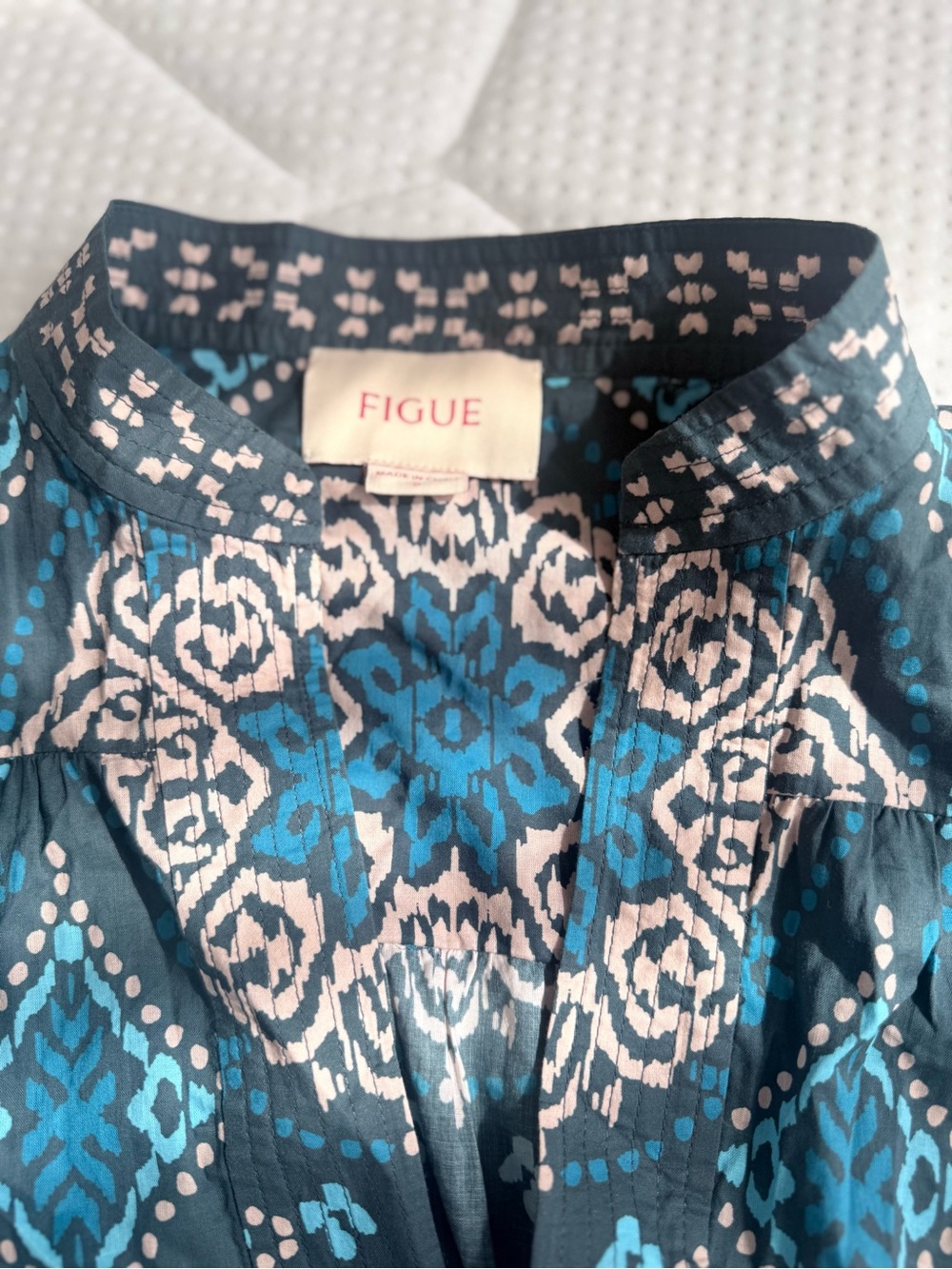 FIGUE Women's Blue and Light Pink Ikat-Print Tunic Top